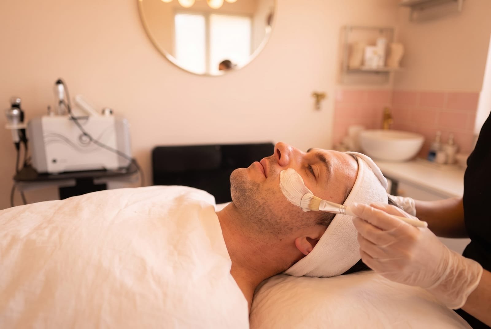 An illustration of a men's facial in progress in the NU Beauty treatment room in Haverhill: a client lying back in side profile, eyes closed, while a therapist applies a mask with a brush. Not a photograph of a real client.