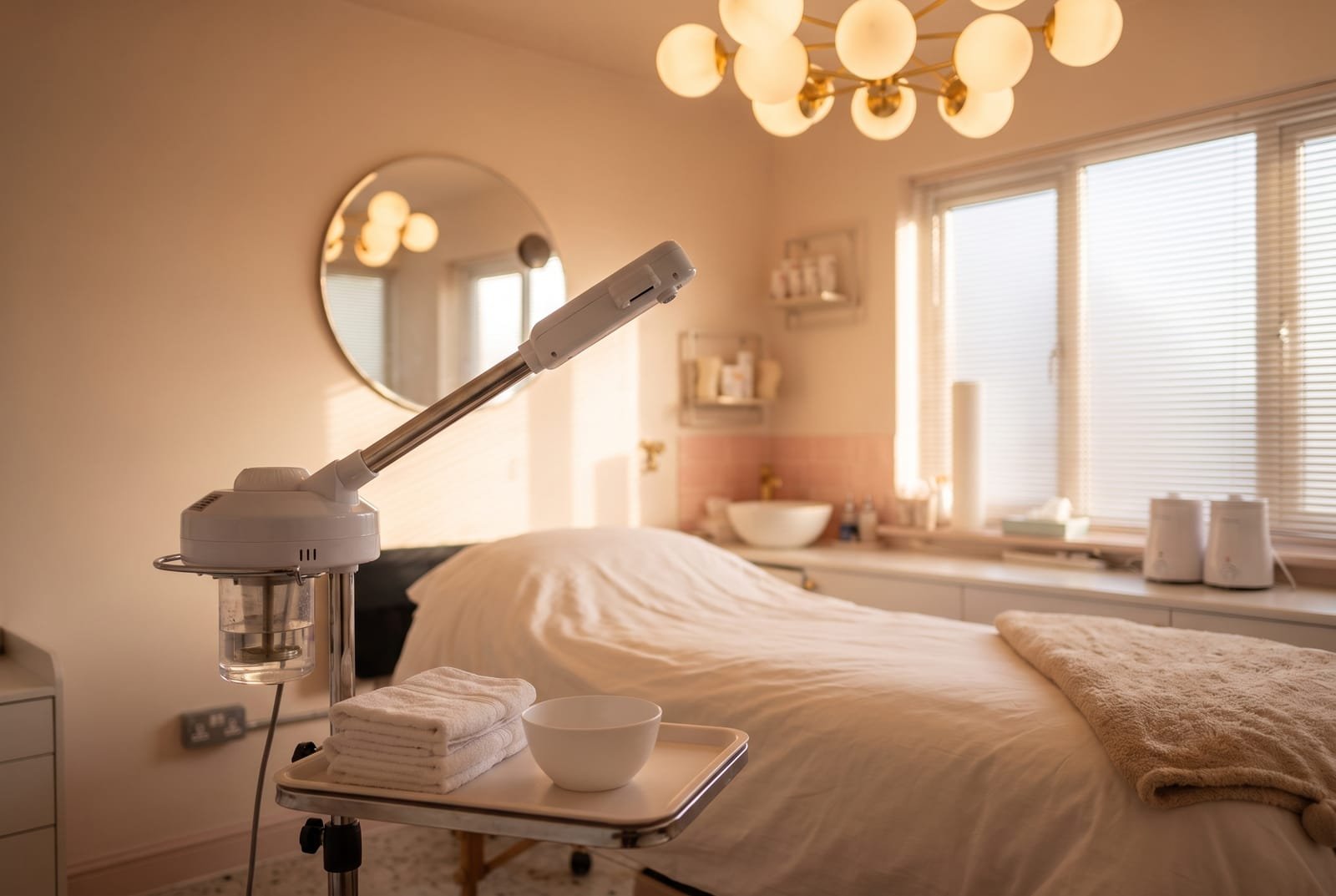 The advanced facials treatment room at NU Beauty in Haverhill, with a freshly dressed treatment bed, a facial steamer and neatly folded towels on the tray, calm and ready for a deep-cleanse facial