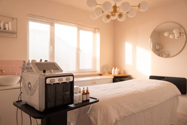The advanced facials treatment room at NU Beauty in Haverhill, with a dressed treatment bed and a skincare machine on its cart, warm and ready for a facial