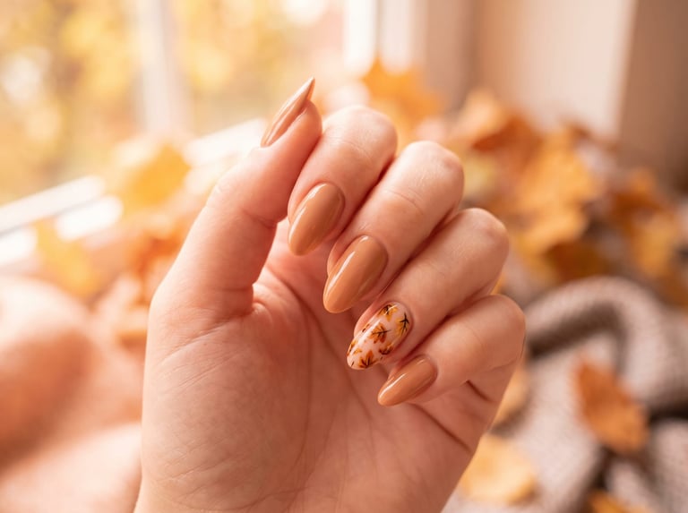 Autumn 2026 nail idea: Medium almond nails in caramel nude with a hand-painted autumn-leaf accent nail