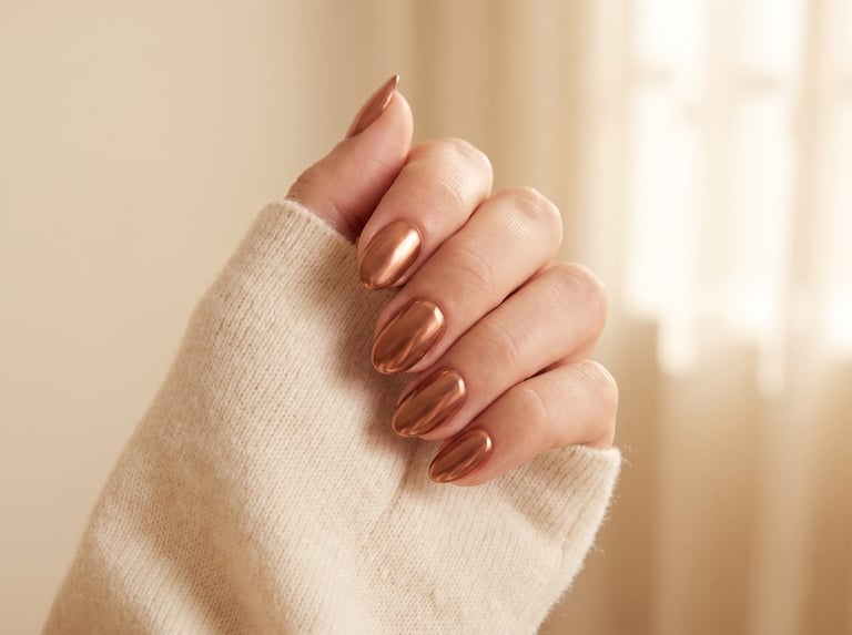 Autumn 2026 nail idea: Short almond nails in a warm bronze copper glazed chrome against a cream sleeve