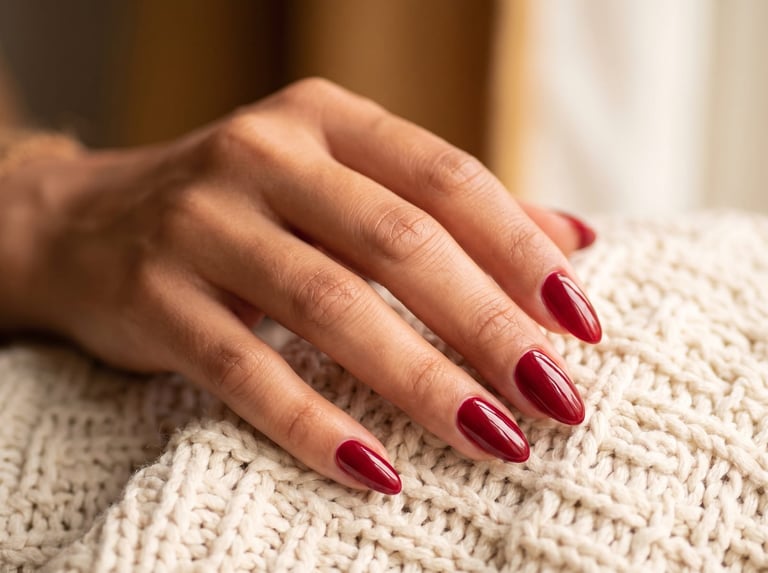 Autumn 2026 nail idea: Medium almond nails in a glossy deep cherry red resting on a cream knit