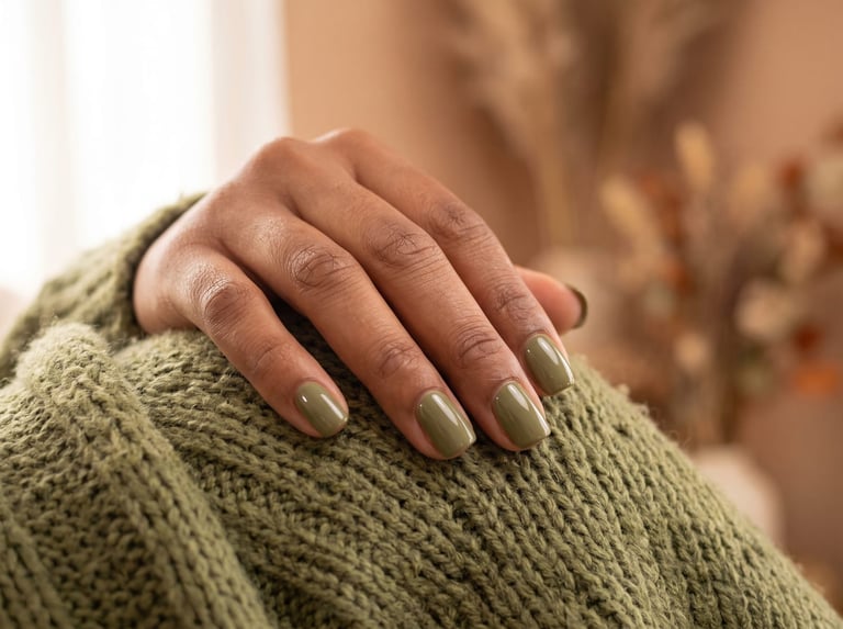 Autumn 2026 nail idea: Short square nails in a muted olive green resting on a moss-green knit