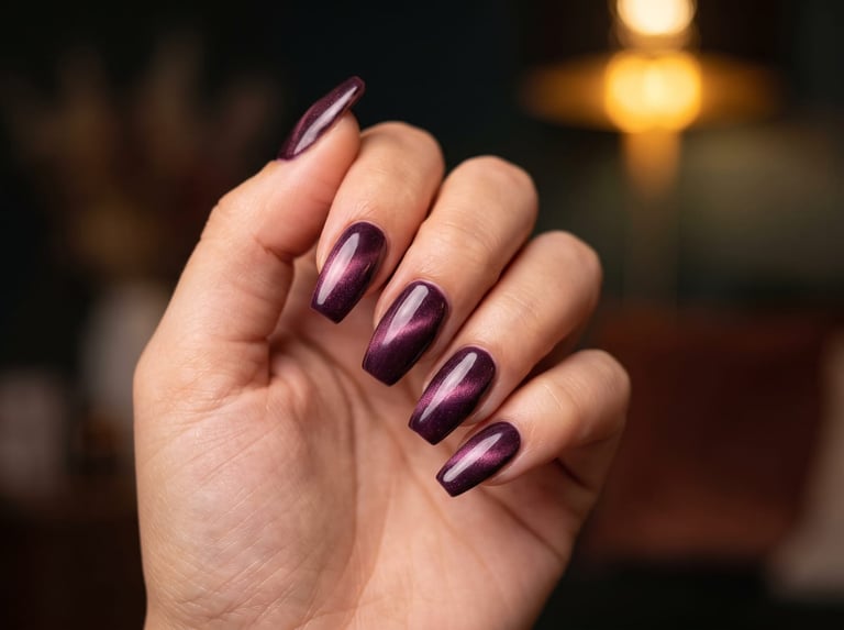 Autumn 2026 nail idea: Medium coffin nails in deep plum with a magnetic cat-eye shimmer