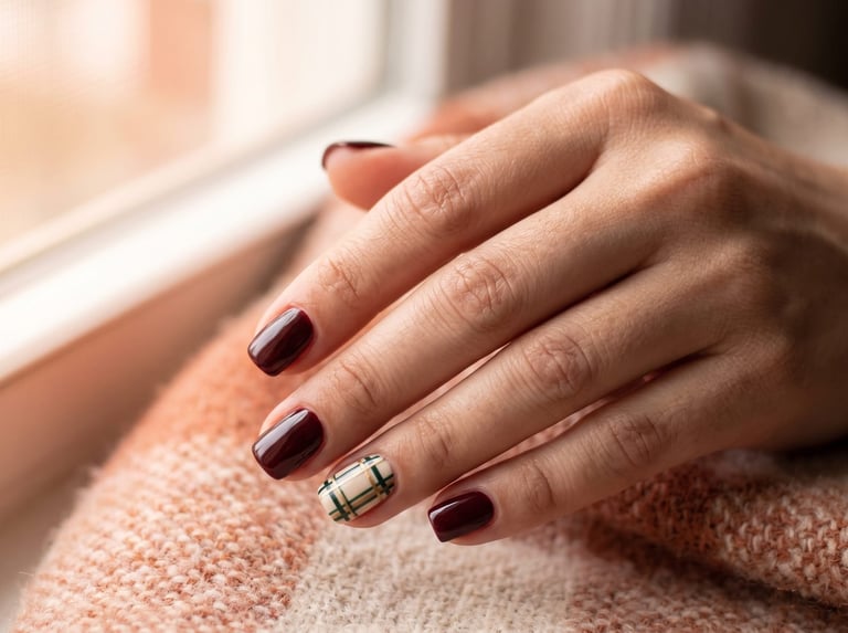 Autumn 2026 nail idea: Short square nails in deep oxblood with one hand-painted tartan accent nail