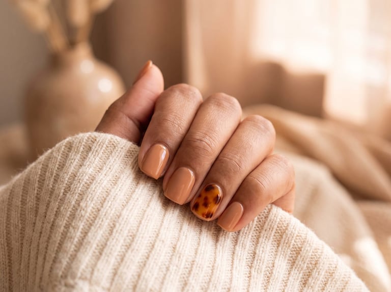 Autumn 2026 nail idea: Short square nails in glossy caramel nude with one tortoiseshell amber accent nail