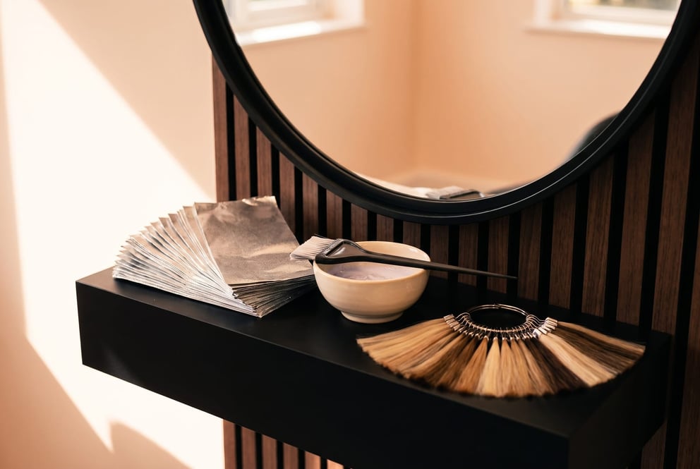 A styling station at NU Beauty's Haverhill hair studio, with foils, a tint brush and a colour board laid out ready for a lightening appointment