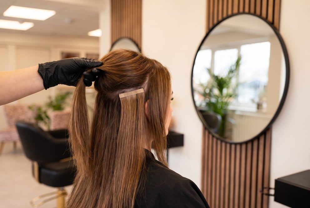A tape-in hair extension weft being blended into natural hair close to the root at NU Beauty's Haverhill hair studio