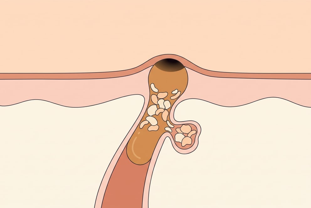 A clean, simple cross-section illustration of a single skin pore, in soft peach and cream tones with dark ink linework: the pore shaft filled with a plug of oil and dead skin cells, the very top of the plug darkened where it meets the surface, calm and editorial, no text labels