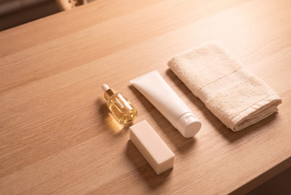 A calm aftercare tray after acrylic removal: a dropper bottle of cuticle oil, a soft buffer, a tube of hand cream and a folded towel