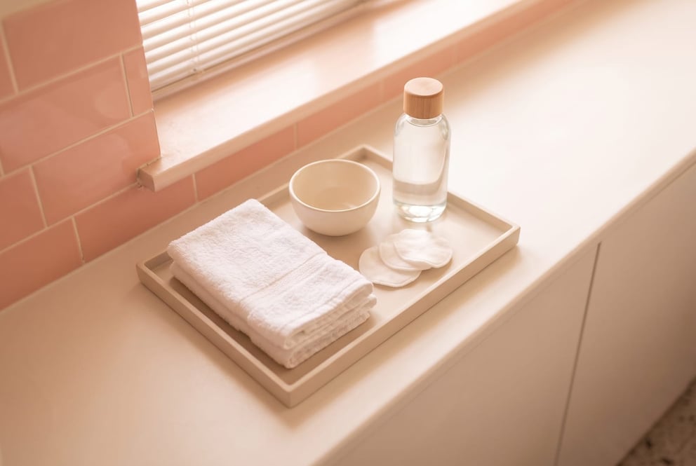 A calm flat-lay of folded white towels, a small ceramic bowl and a cotton pad on a treatment tray at NU Beauty, evoking simple pre-event skin prep rather than makeup application