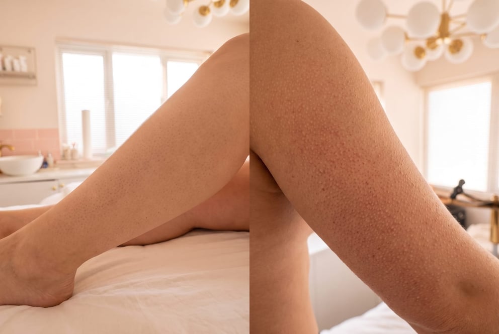 An illustration of the two textures side by side, photographed close up on the treatment bed in the NU Beauty waxing room: on the left a shin with fine dark speckling and flat, smooth skin between the dots, on the right a thigh covered in the small raised rough bumps of keratosis pilaris. No faces in shot