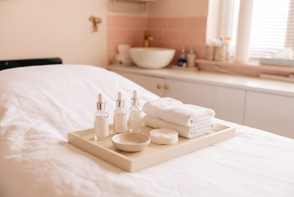 A calm top-down flat-lay on a cream tray in the advanced facials room at NU Beauty in Haverhill: small glass serum bottles with dropper lids, neatly folded white towels, a soft cotton pad and a little ceramic dish, arranged with plenty of space, soft pink tiles behind