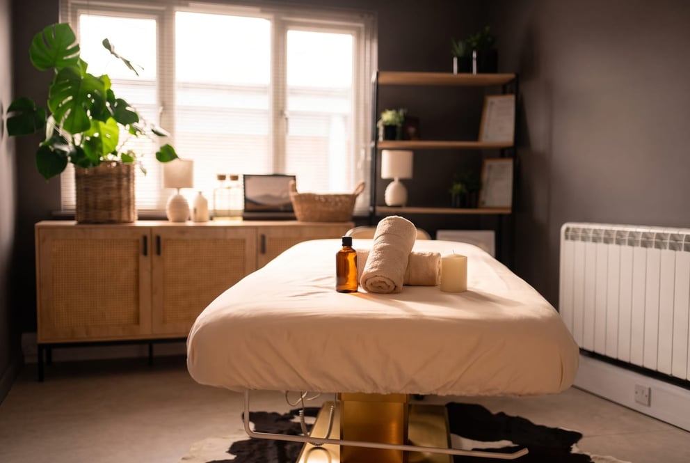 The calm massage room at NU Beauty in Haverhill, dressed with cream linen and folded towels