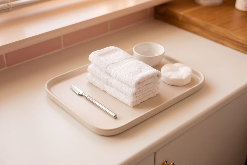 A still life on a cream tray in the advanced facials room at NU Beauty in Haverhill: a slim stainless steel dermaplaning tool beside neatly folded white towels, a small ceramic bowl and a stack of cotton pads, with the salon's soft pink tiles behind