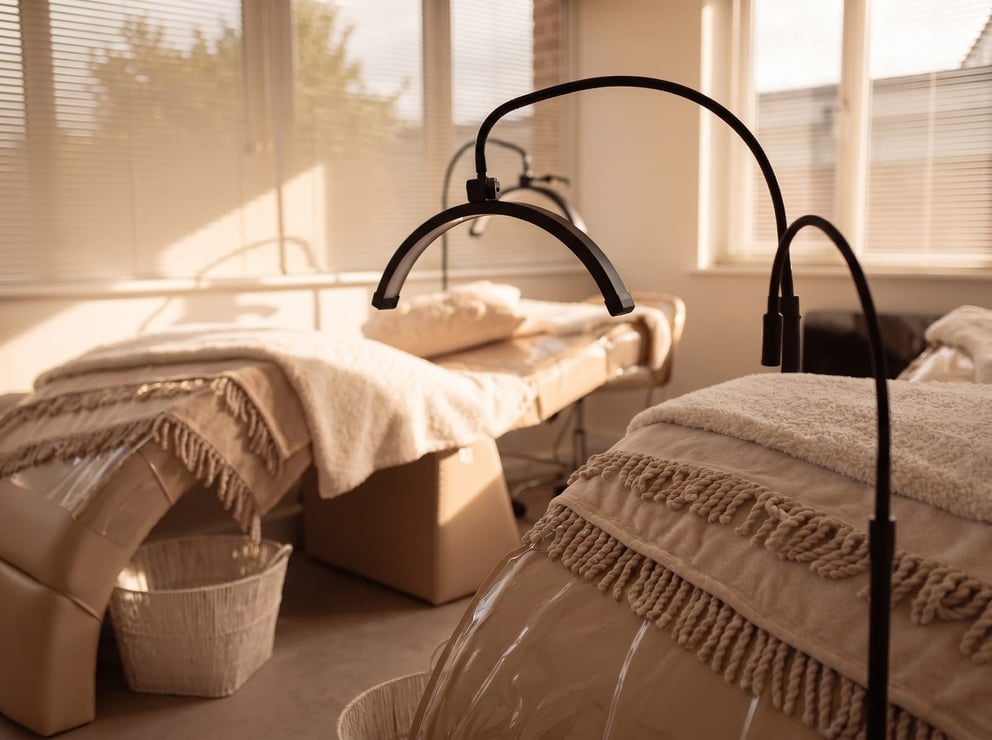 The arched LED lamps and treatment beds in the NU Beauty brow and lash room, Haverhill